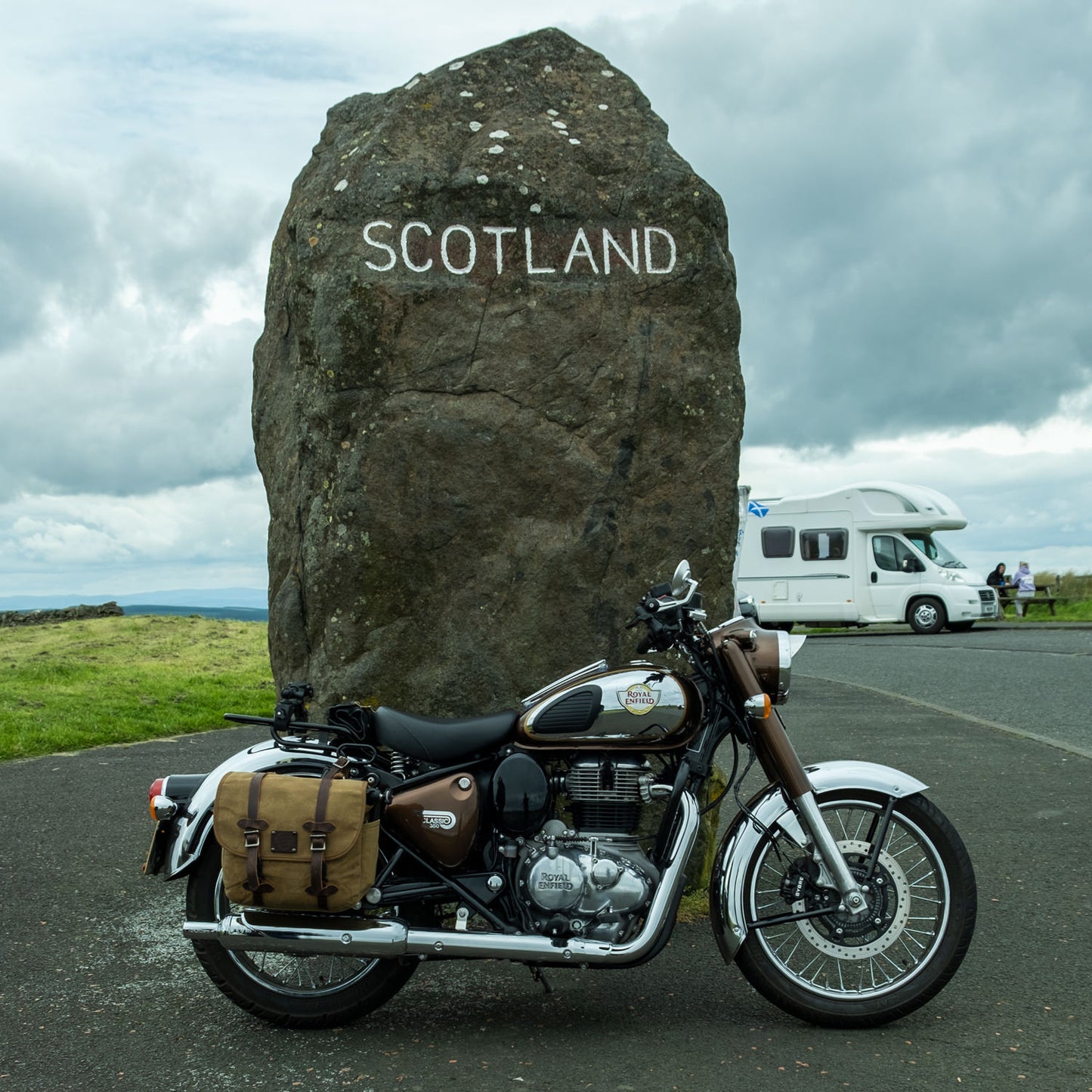 A Royal Enfield Classic 350 with pannier on the Scottish border.