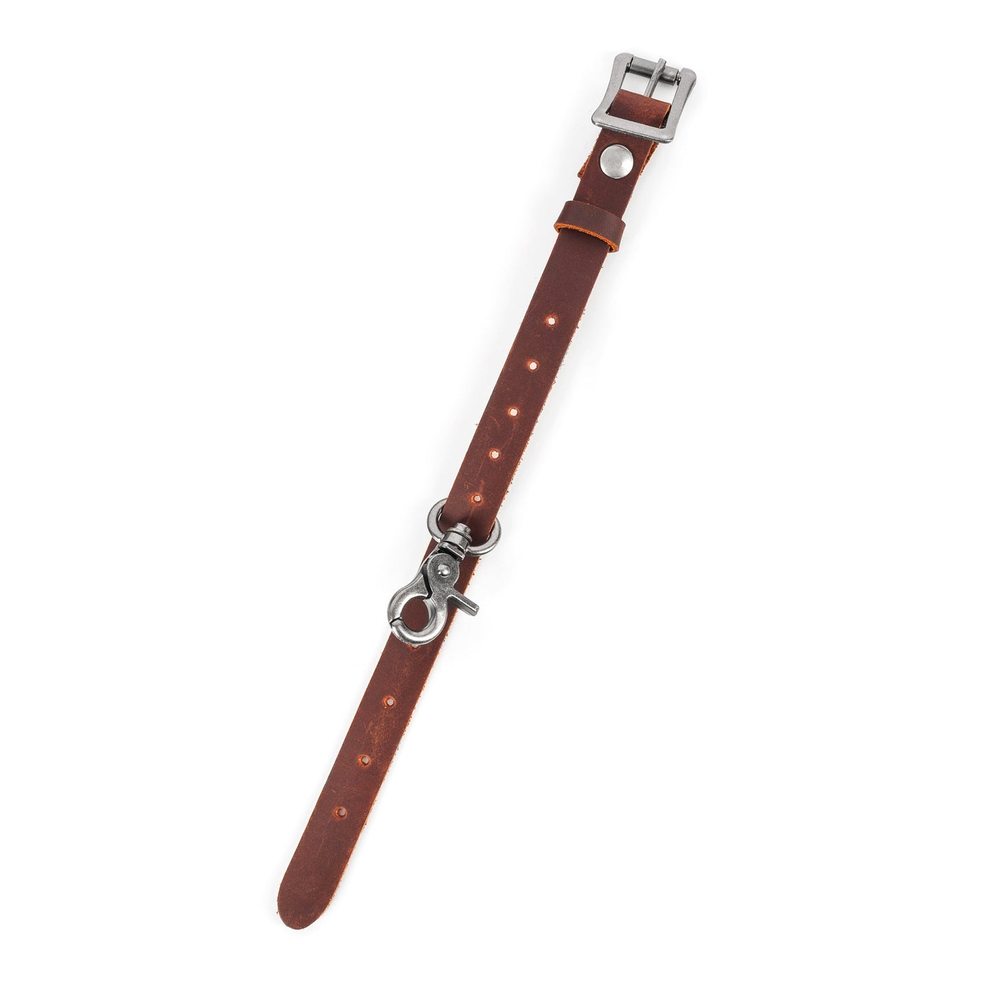 A brown leather tie-down strap with a silver lobster clasp, laid out on a plain background.
