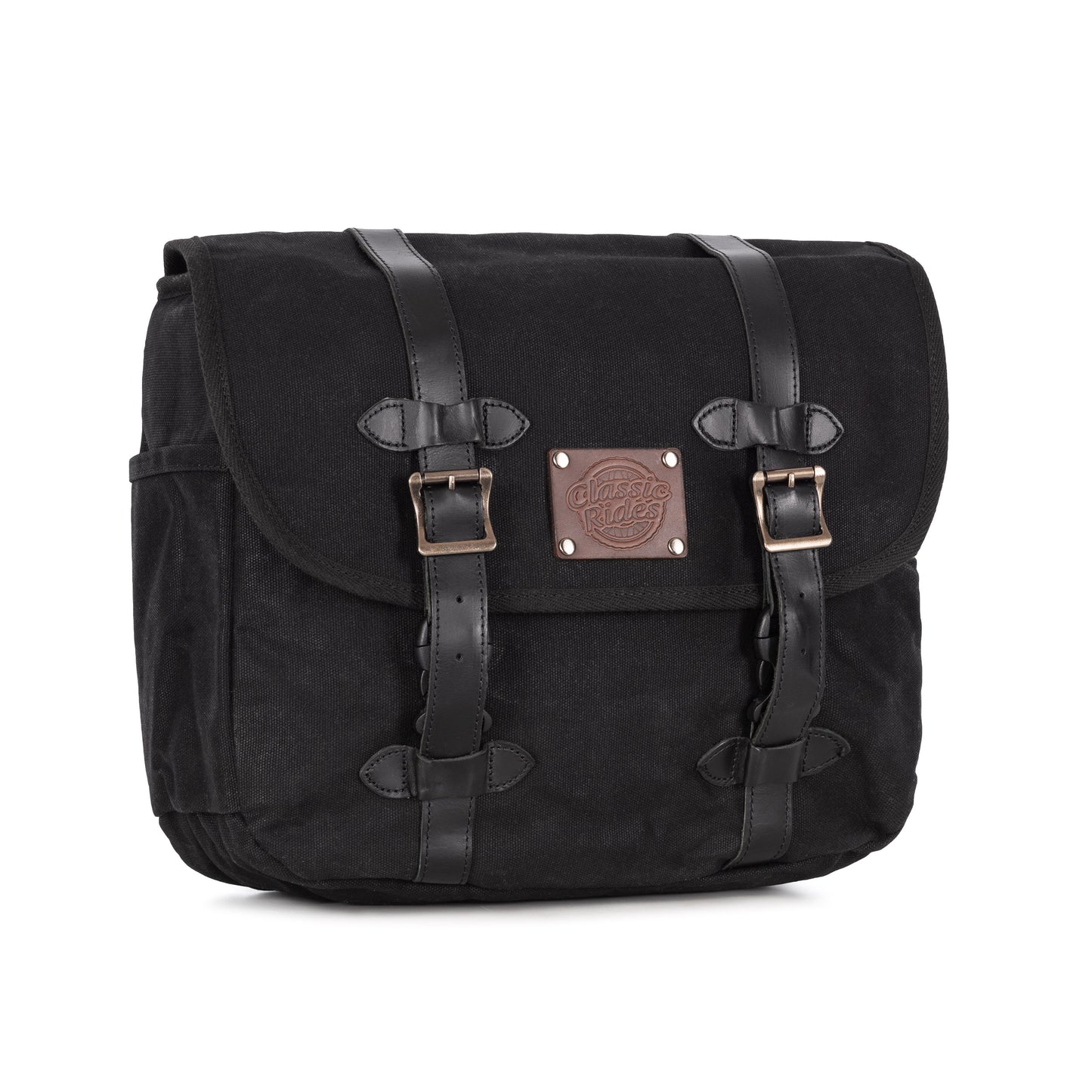 A black waxed canvas motorcycle pannier bag with side release buckles and a detachable shoulder strap.