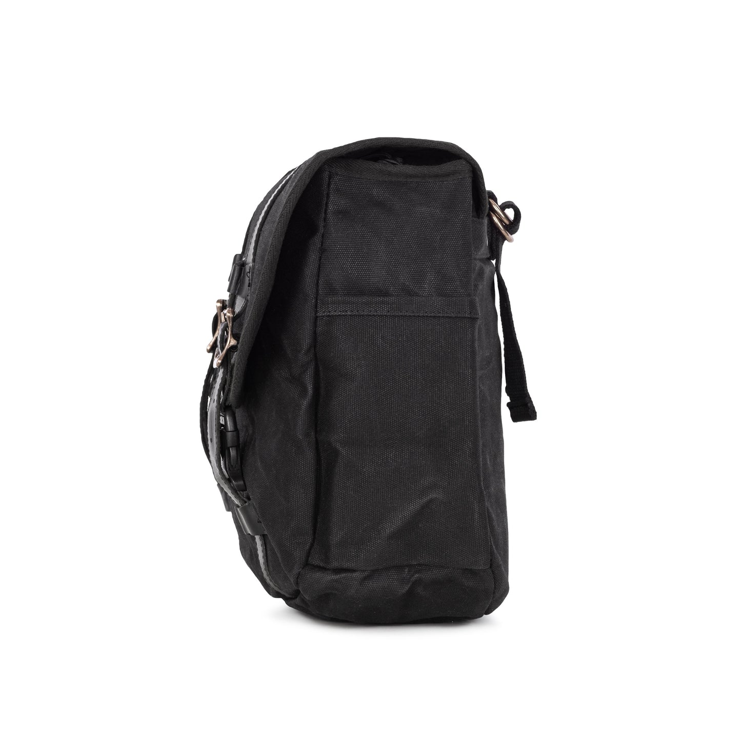 A side view of a black waxed canvas motorcycle pannier bag with side release buckles and a detachable shoulder strap.