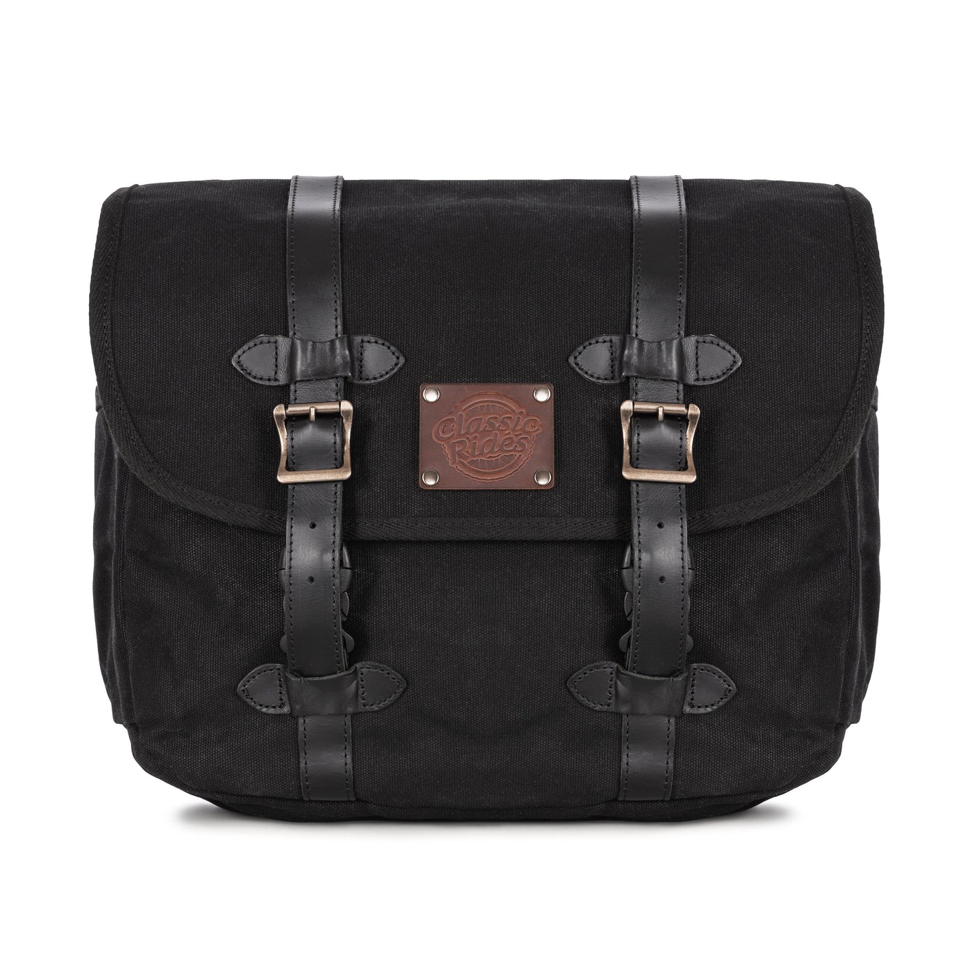 A black waxed canvas motorcycle pannier bag with side release buckles and a detachable shoulder strap.