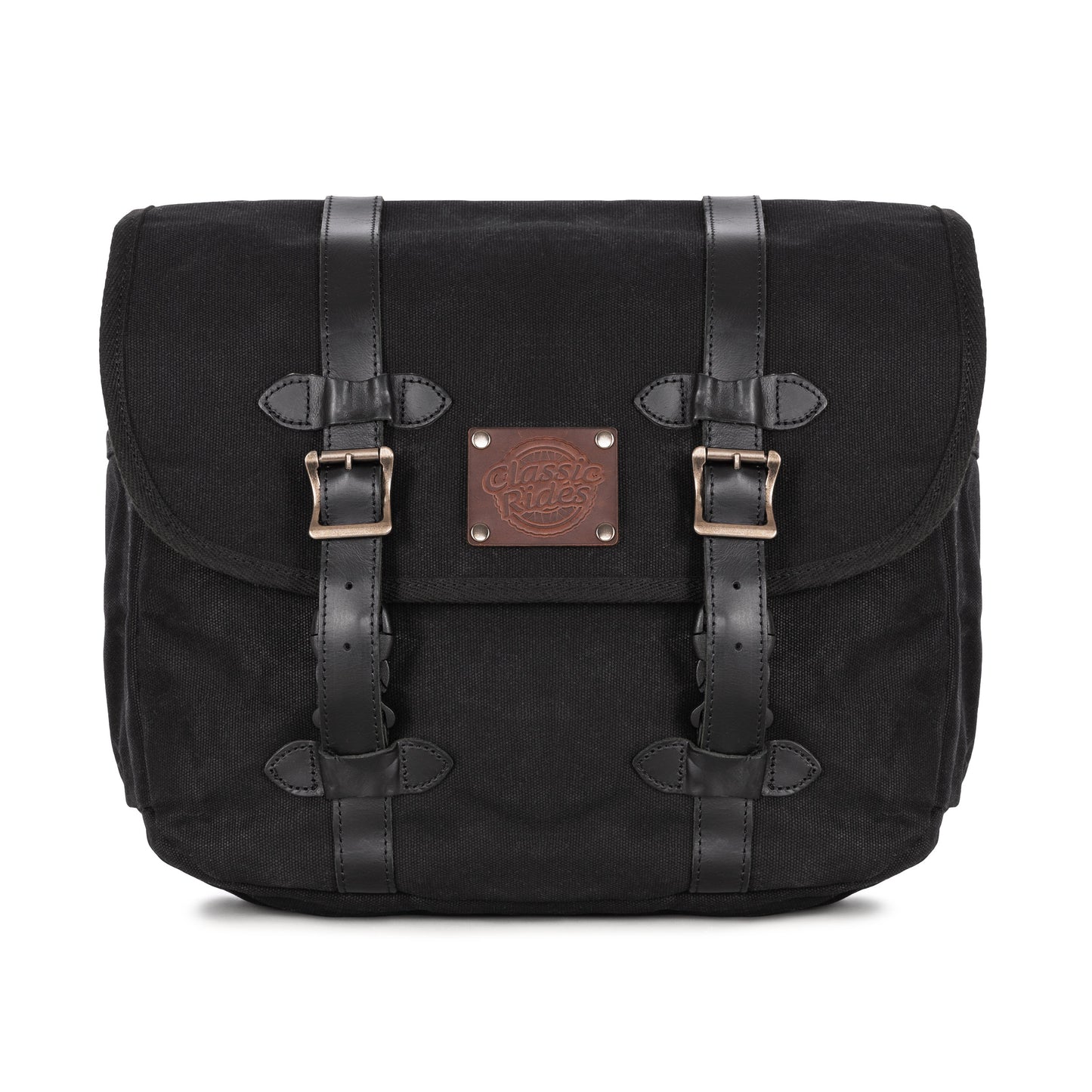A black waxed canvas motorcycle pannier bag with side release buckles and a detachable shoulder strap.