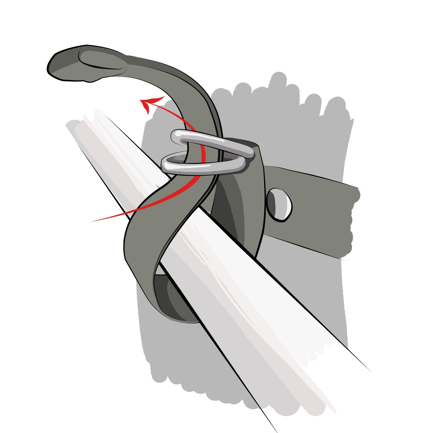 An illustration show the first step of how to use a mounting buckle on a waxed canvas motorcycle pannier

