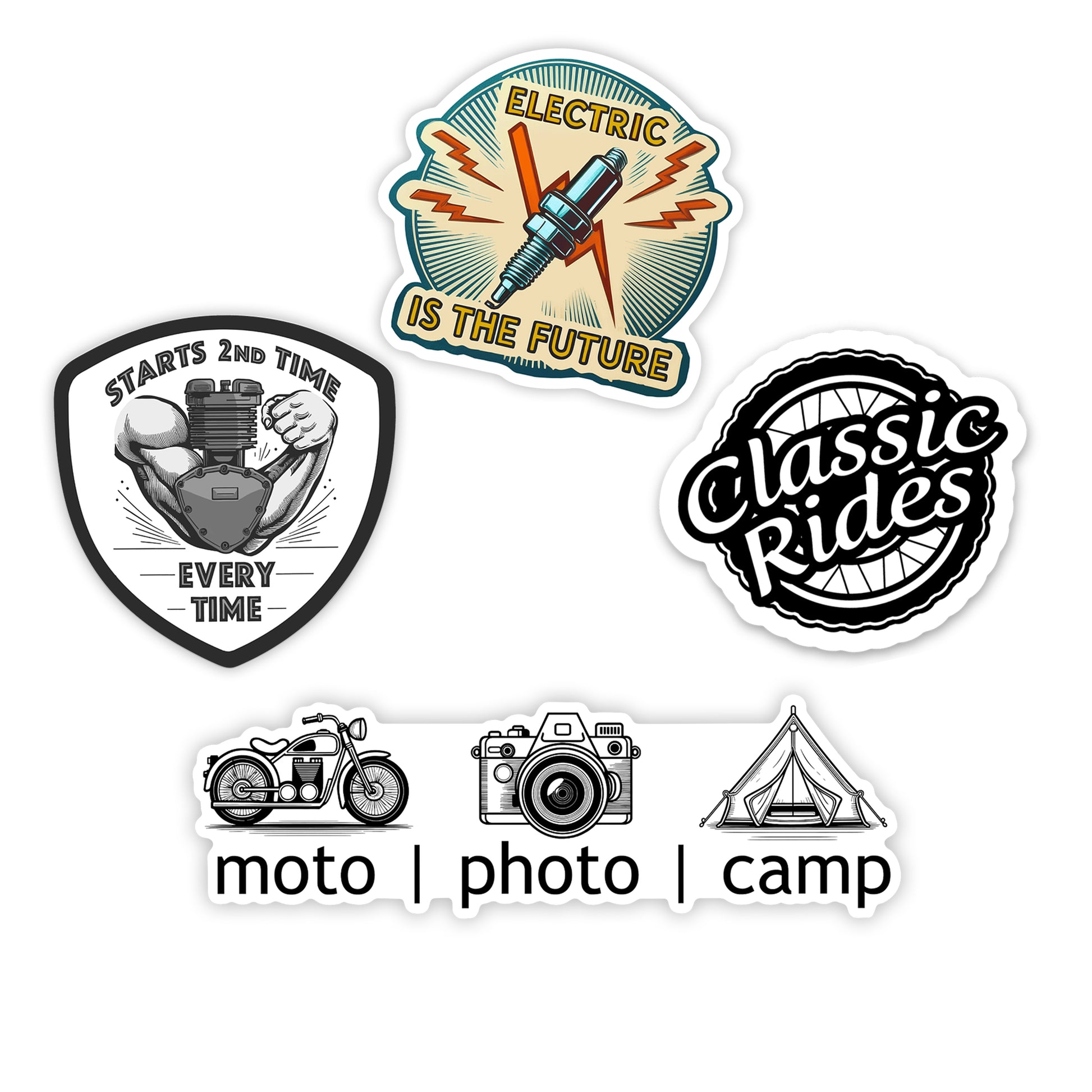 Set of four stickers with various classic motorcycle designs on a white background